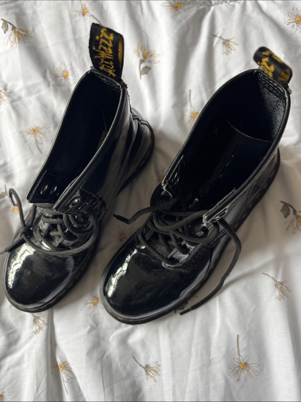 Dr. Martens Black Patent Leather Lace-Up Boots with Yellow Stitching - Picture 3 of 5
